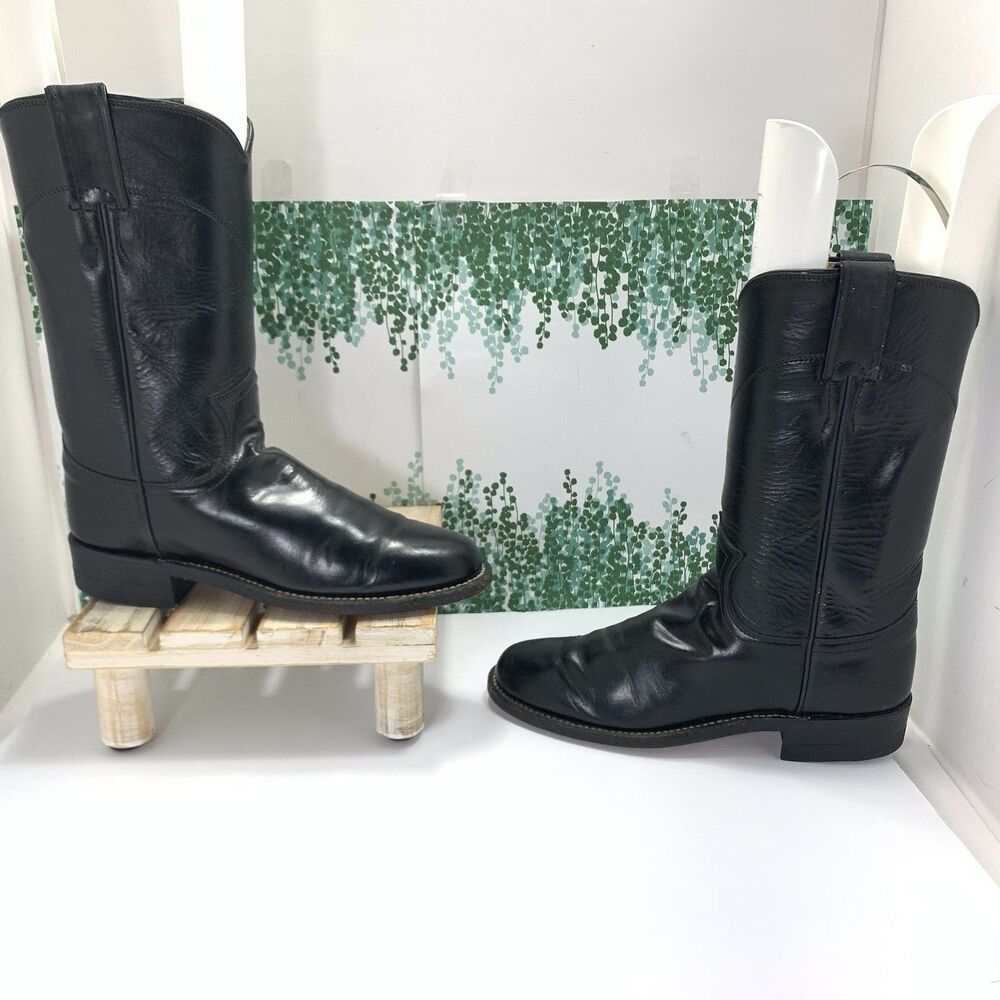 Justin Roper Black Leather Western Boots Youth Junior Size 4 1/2 B